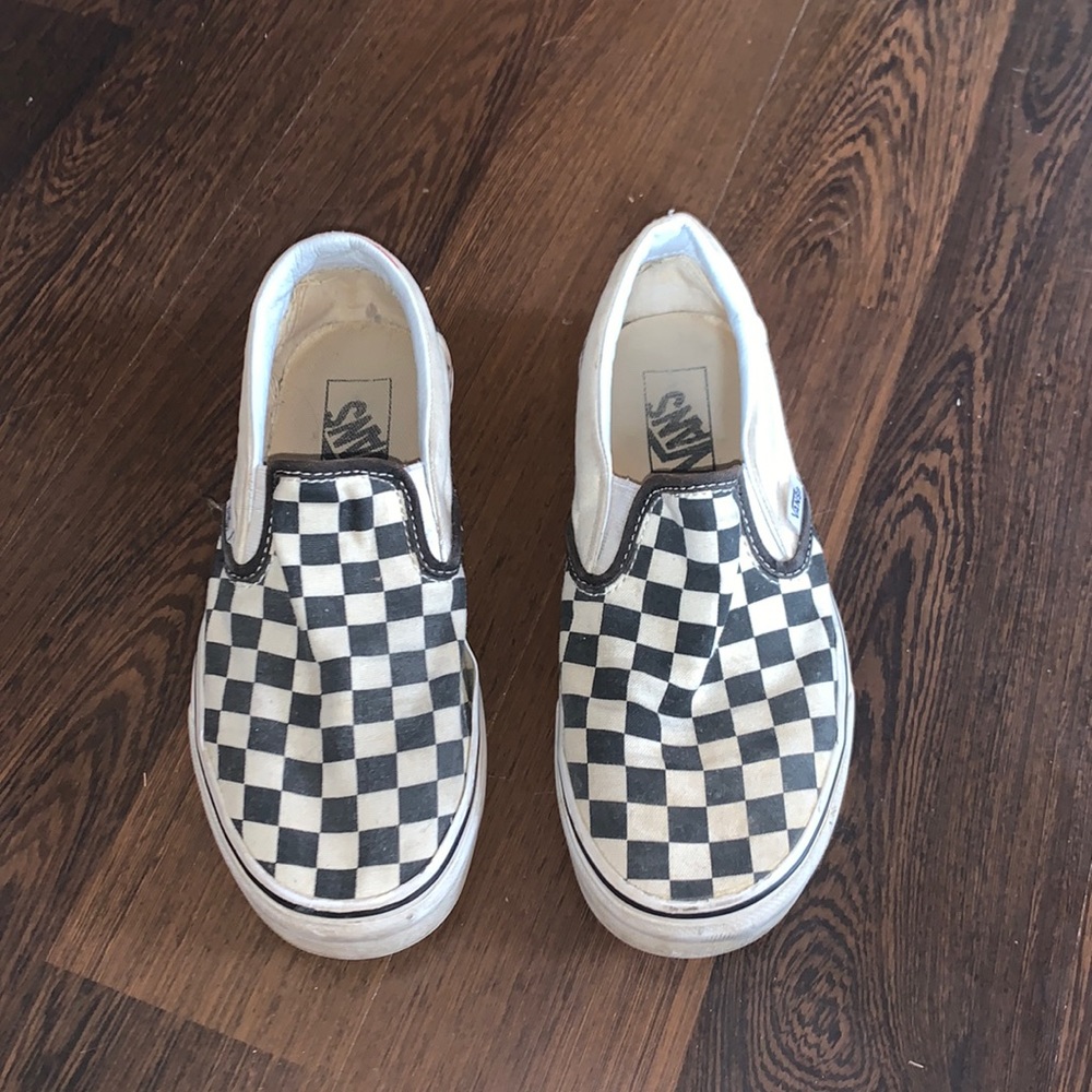 Vans black a cream checkered slip on vans